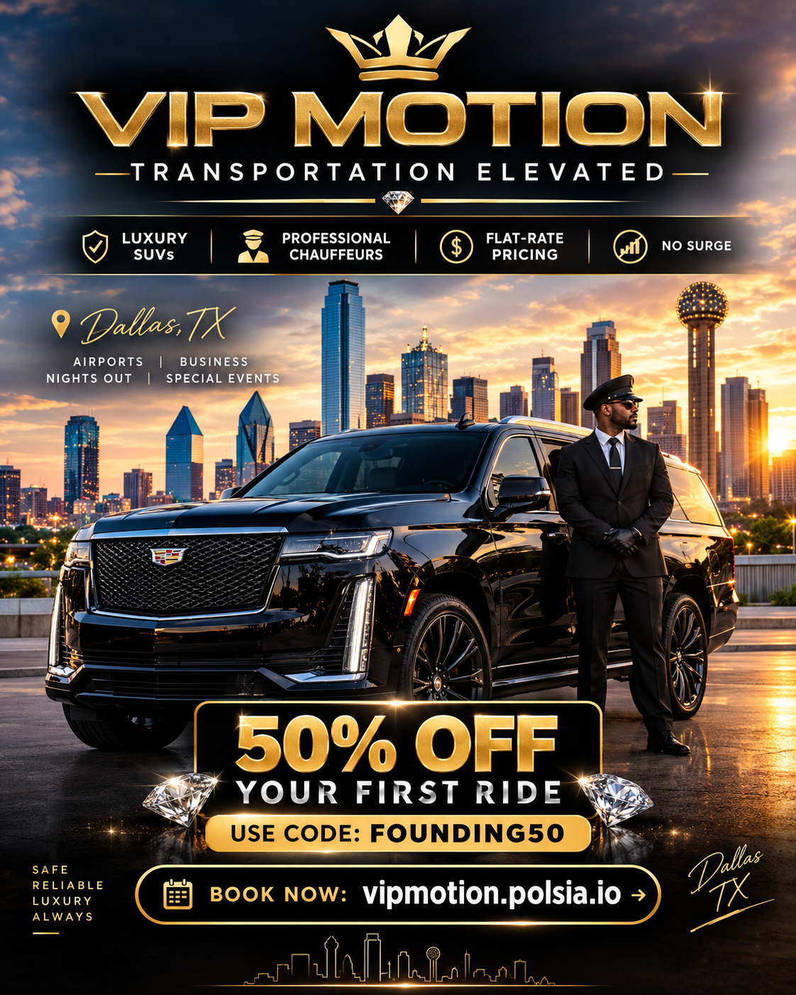 Black luxury SUV and professional chauffeur in a city setting