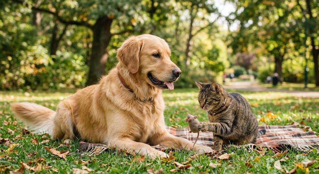 A golden retriever and a tabby cat relaxing together on a plaid picnic blanket in a sunny park with autumn leaves scattered around