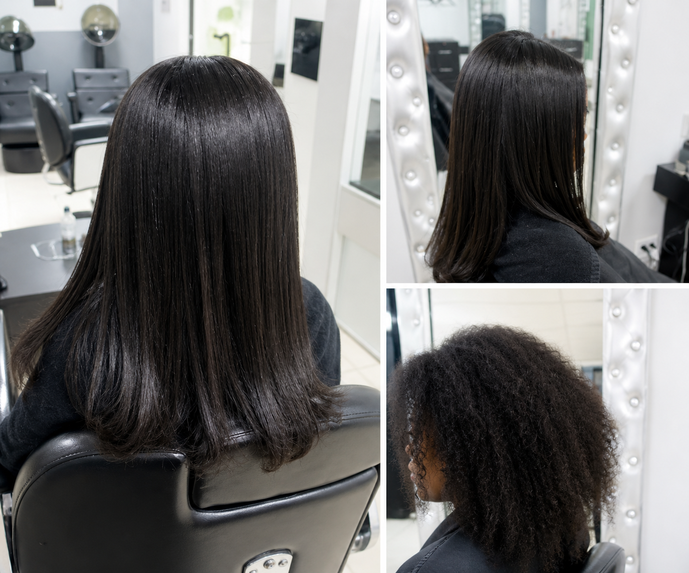 Silk press before and after — natural curls to sleek straight hair at Sinkor Beauty