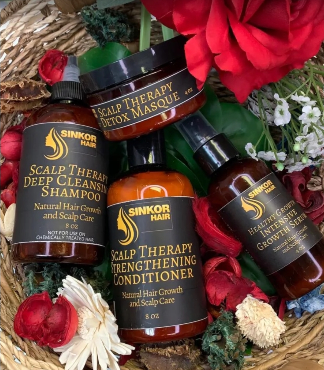 Sinkor Scalp Therapy product basket with red flowers