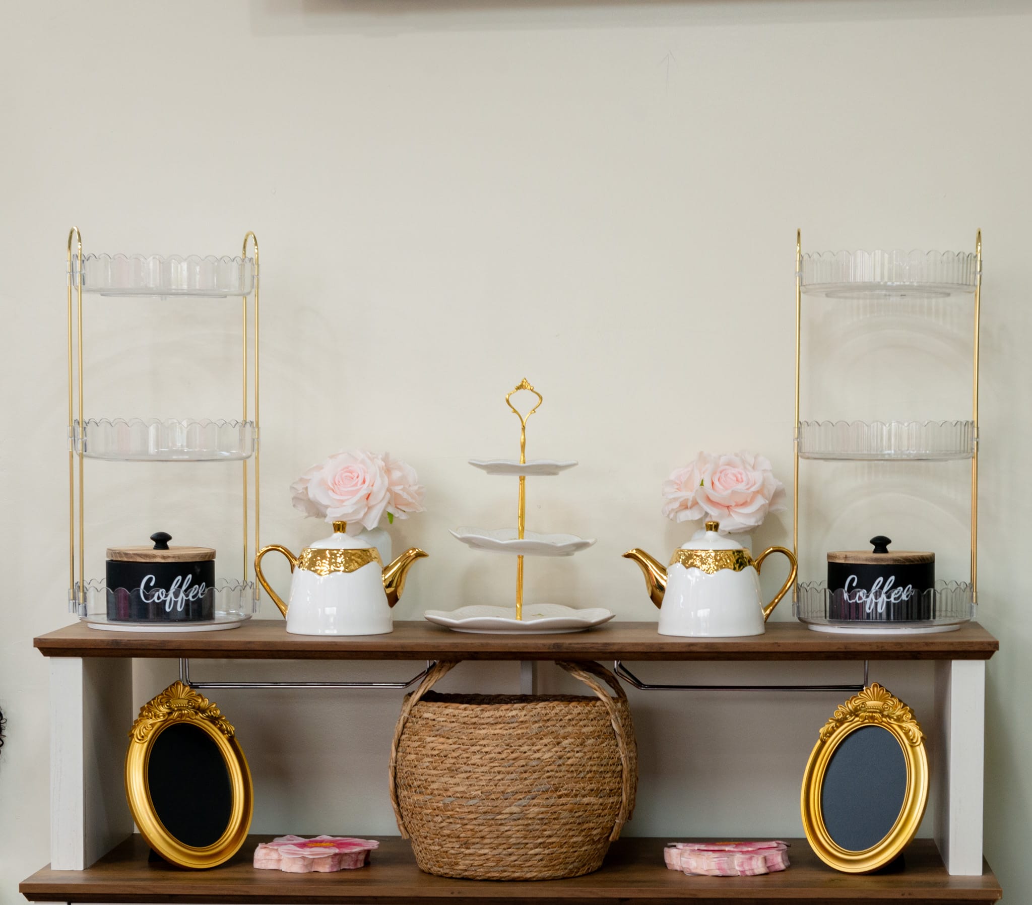 Tea and coffee service station at Sinkor spa party — gold teapots, tiered trays, elegant presentation