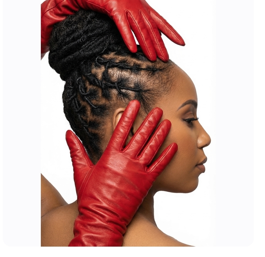 Elegant locs updo with red leather gloves