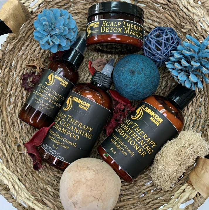 Sinkor Scalp Therapy product basket shot with blue accents