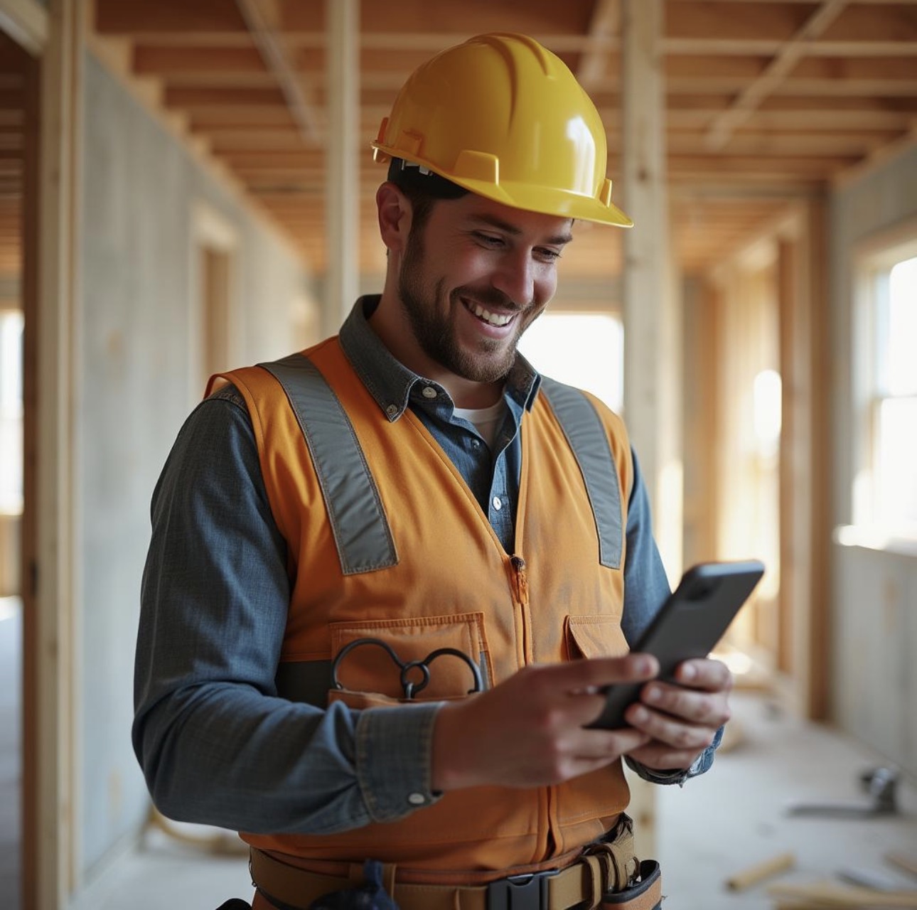 Contractor in a yellow hard hat and orange vest using his phone