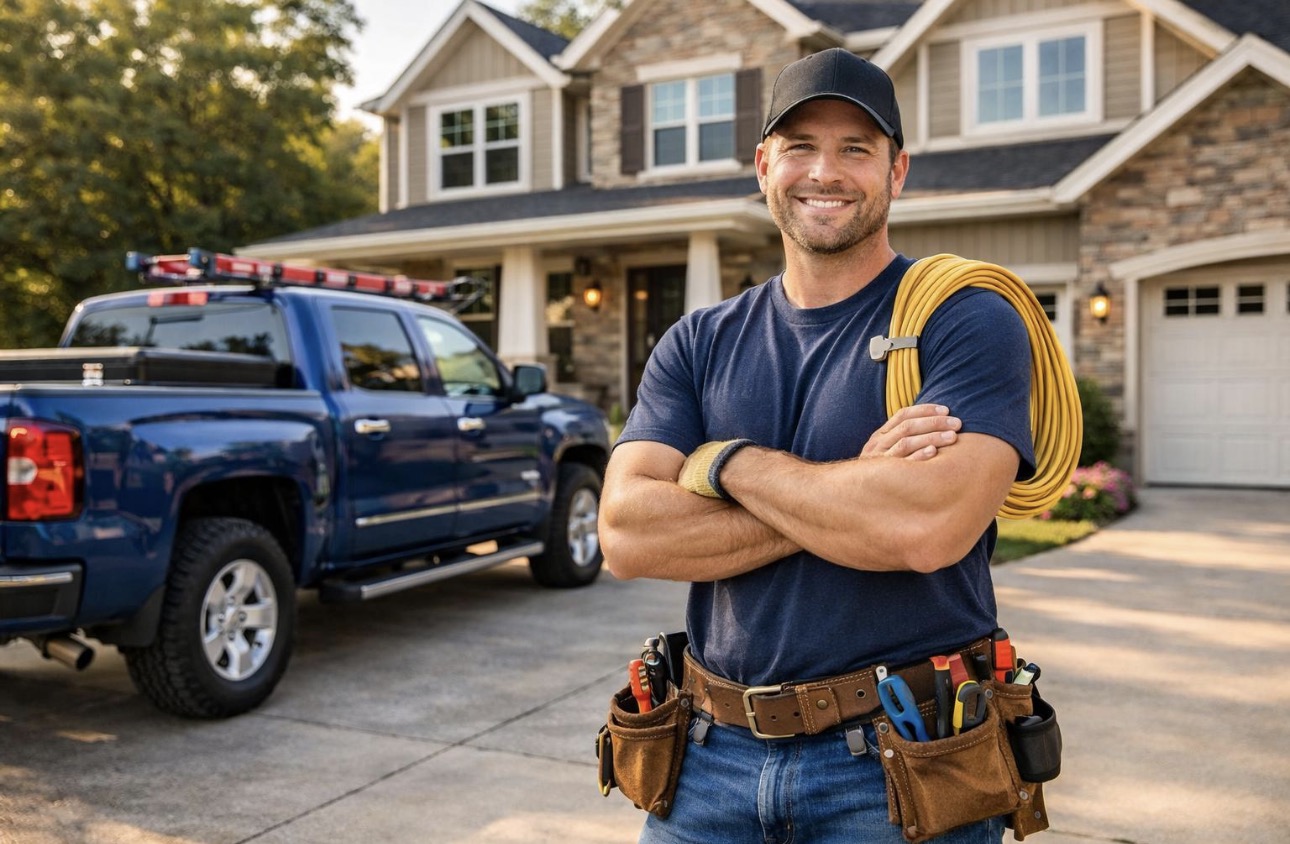 Residential contractor standing outside beside his work truck