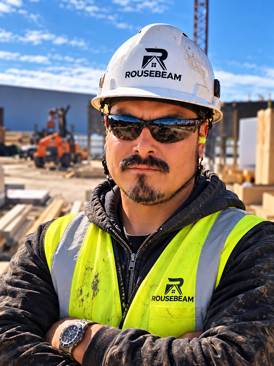 JW Michano wearing a hard hat and safety vest at a construction site.