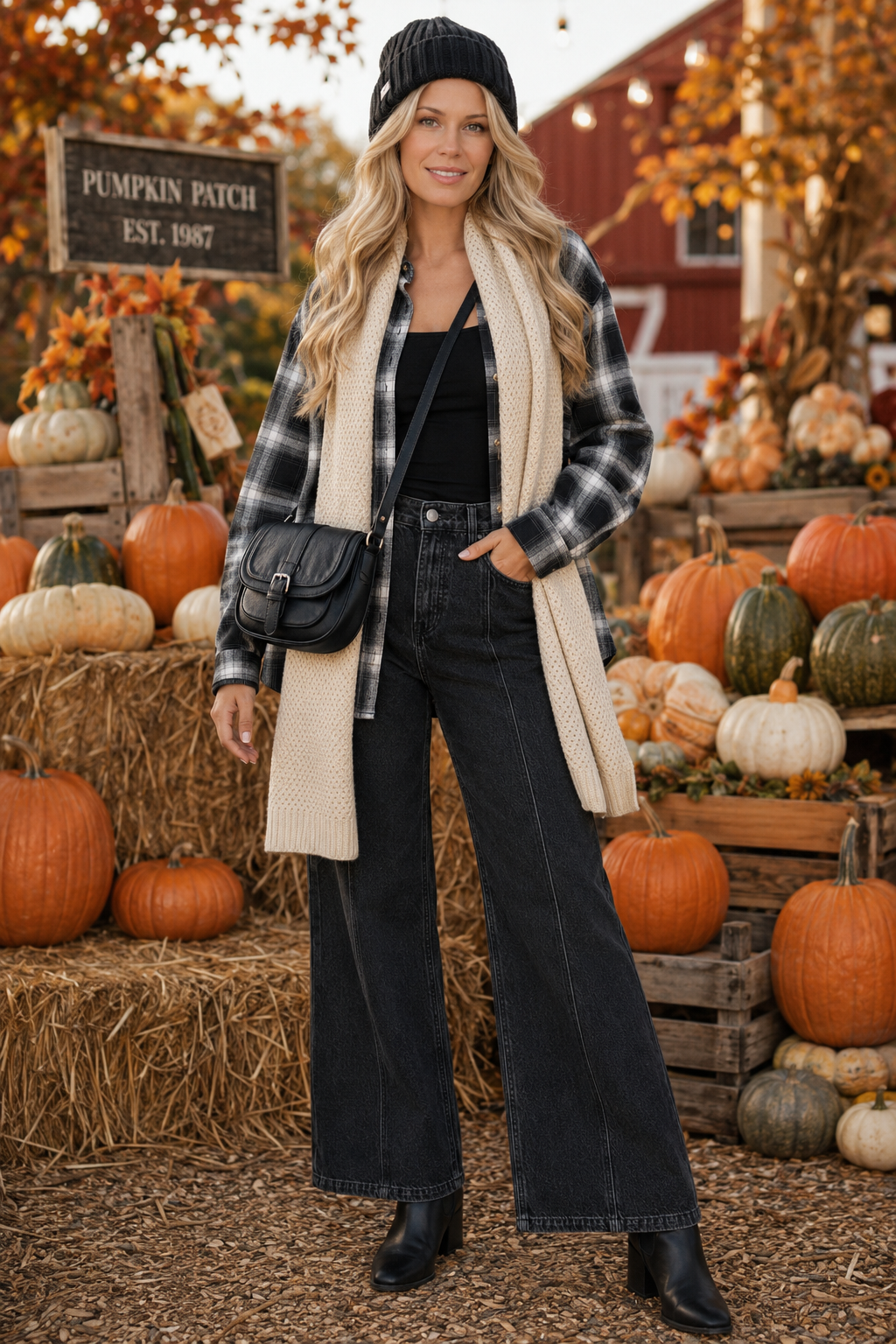 Woman in a black plaid flannel, cream knit scarf and black wide-leg jeans at a pumpkin patch