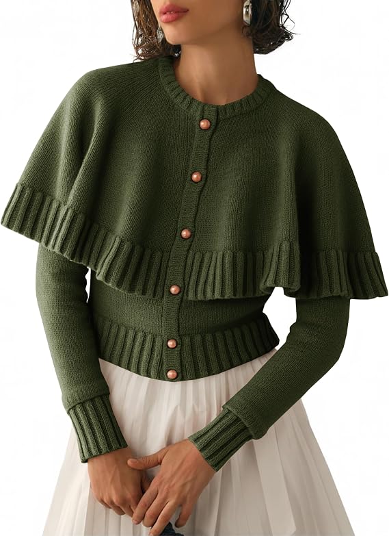 Cropped Cape Cardigan Sweater - Army Green