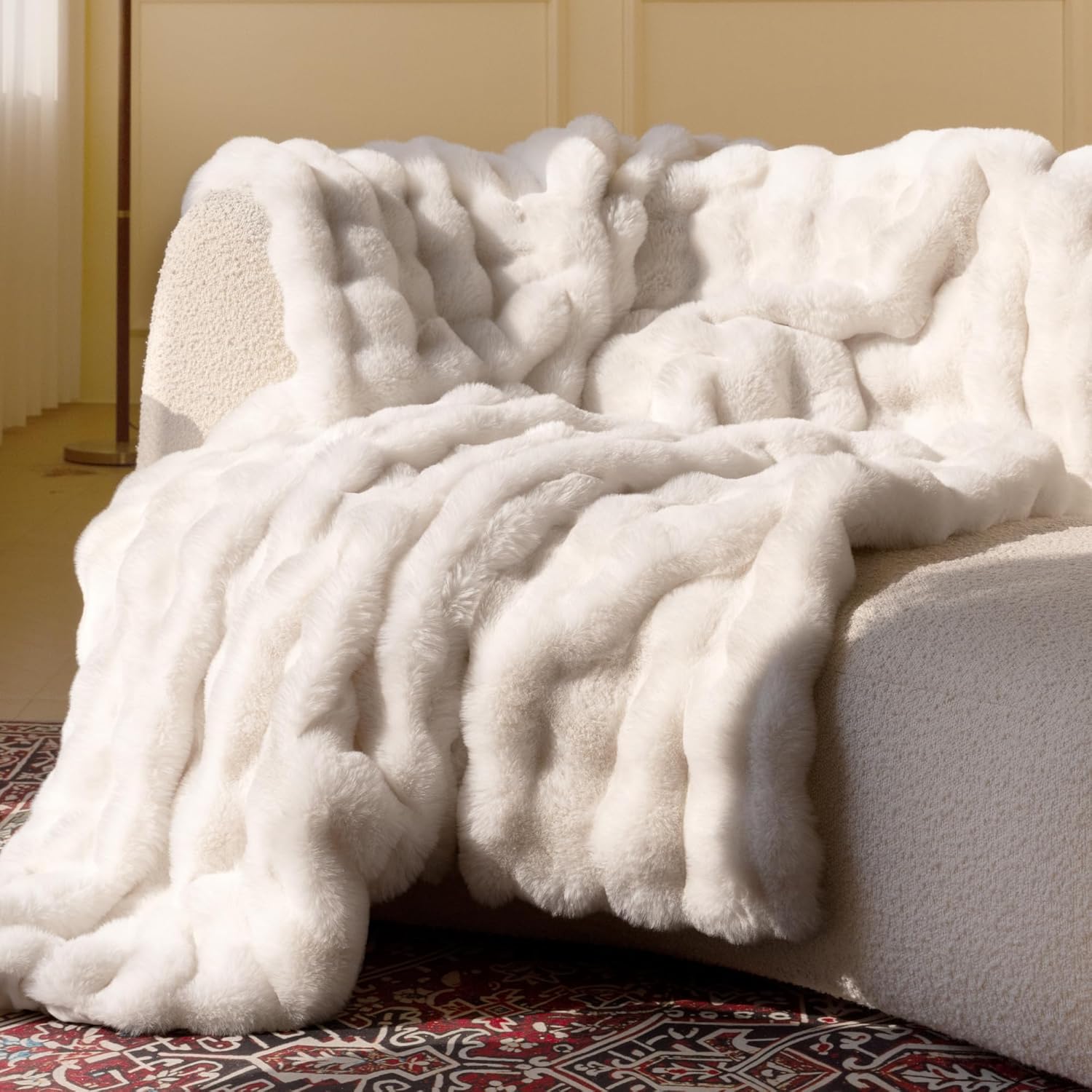 Faux Fur Throw Blanket - Cream White