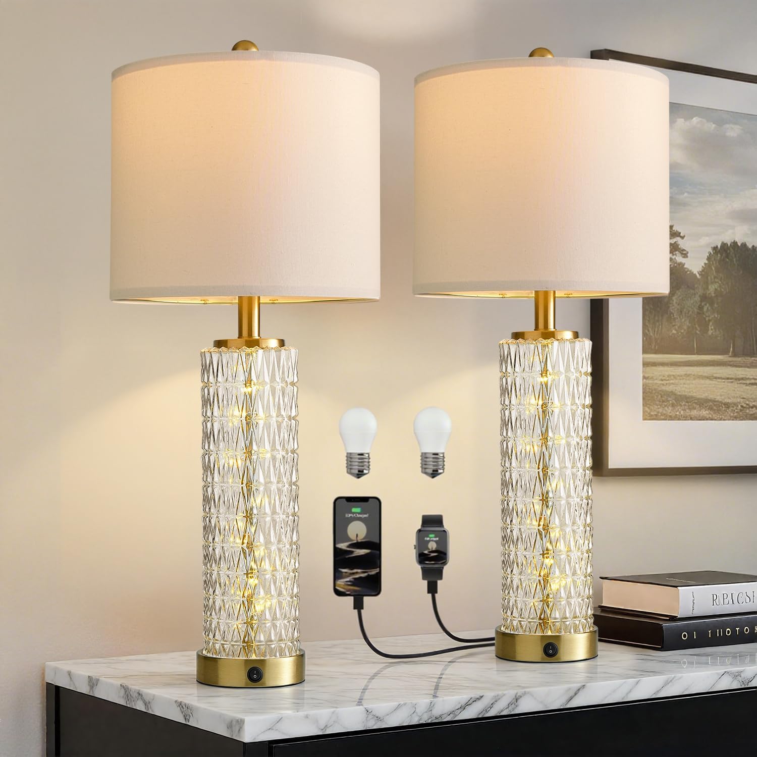 Gold Table Lamps, Set of 2 - White Shade