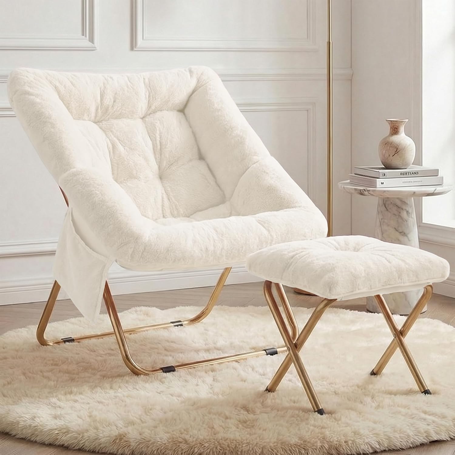 Faux Fur Lounge Chair with Ottoman - White