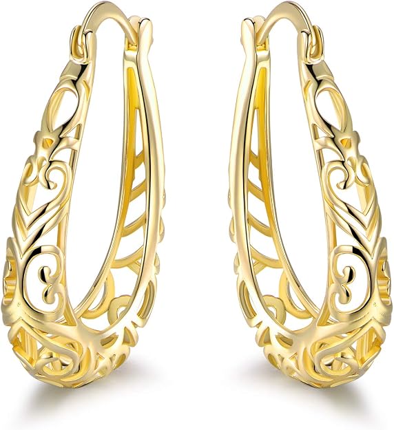 18K Gold Plated Filigree Hoop Earrings - Gold