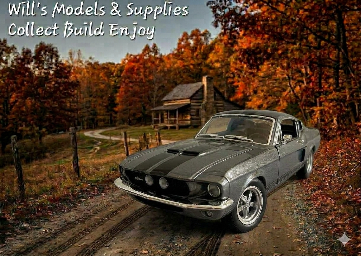 Dark scale model car on a wooded autumn diorama.