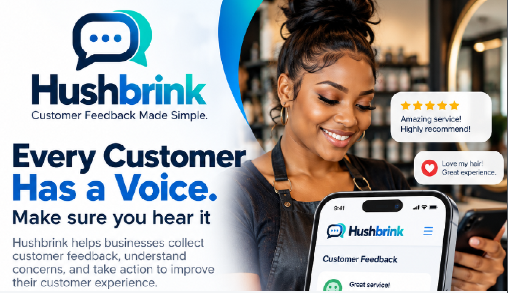 Hushbrink-branded image showing a smiling salon professional using a phone alongside customer feedback messages.