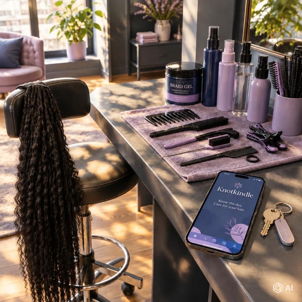 Braiding and loc-care tools arranged on a salon station beside a Knotkindle phone screen.
