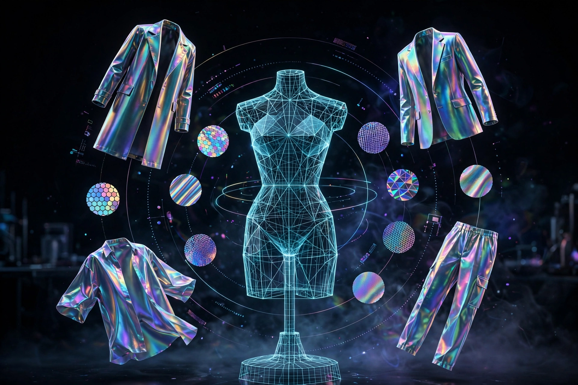 Iridescent clothing pieces arranged around a glowing wireframe mannequin