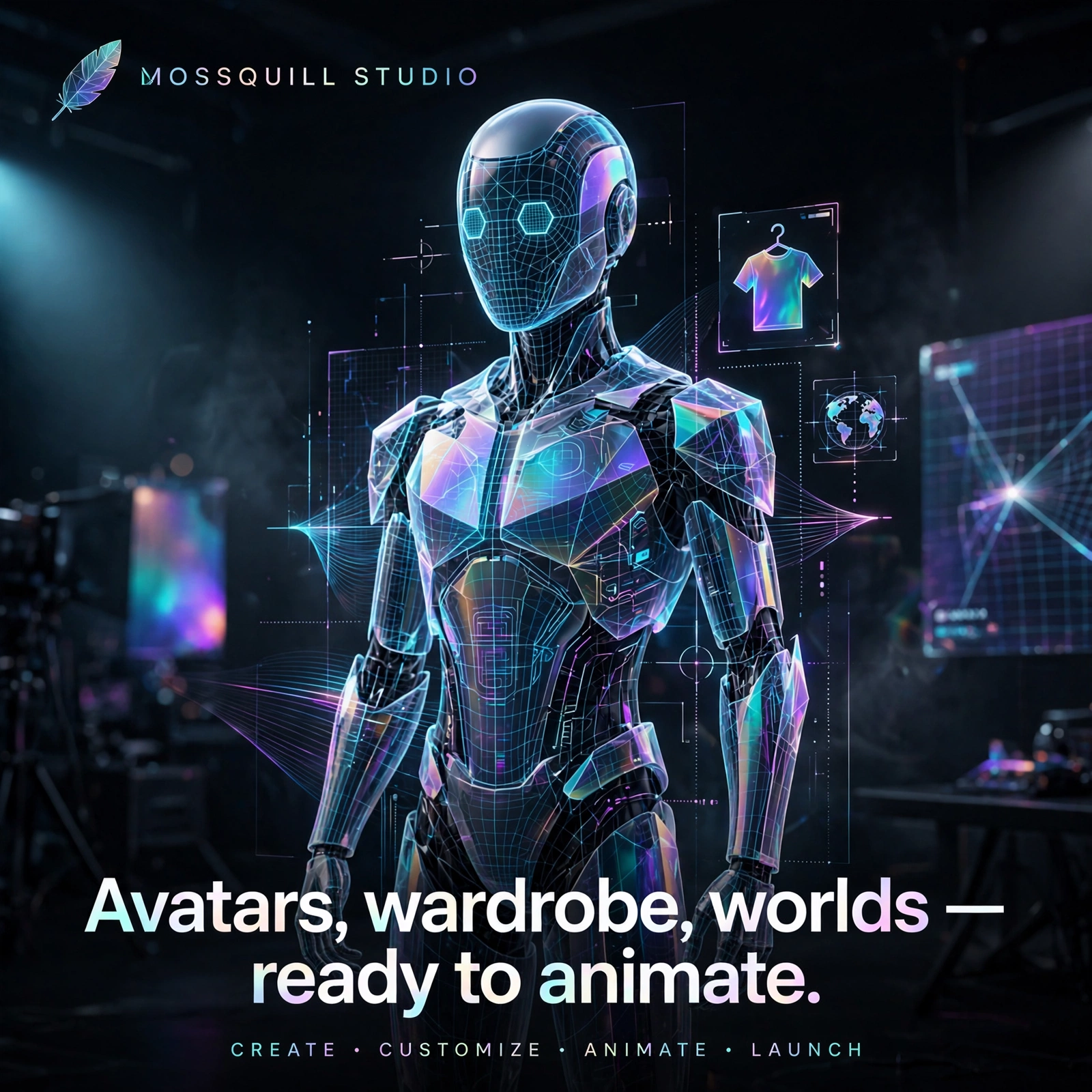 Mossquill Studio promotional artwork featuring a luminous synthetic avatar
