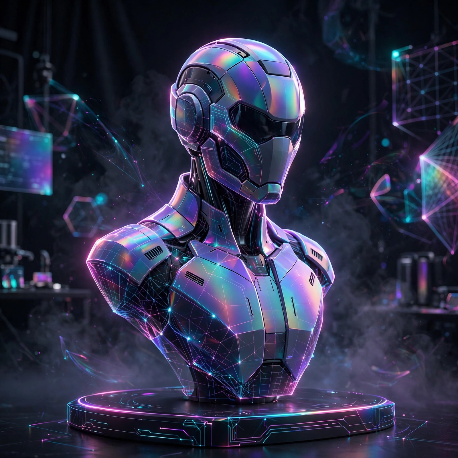 Iridescent robotic bust displayed in a dark, neon-lit studio