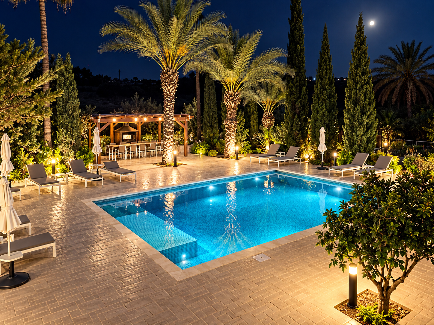 A lit swimming pool beside sun loungers, palms and trees at night