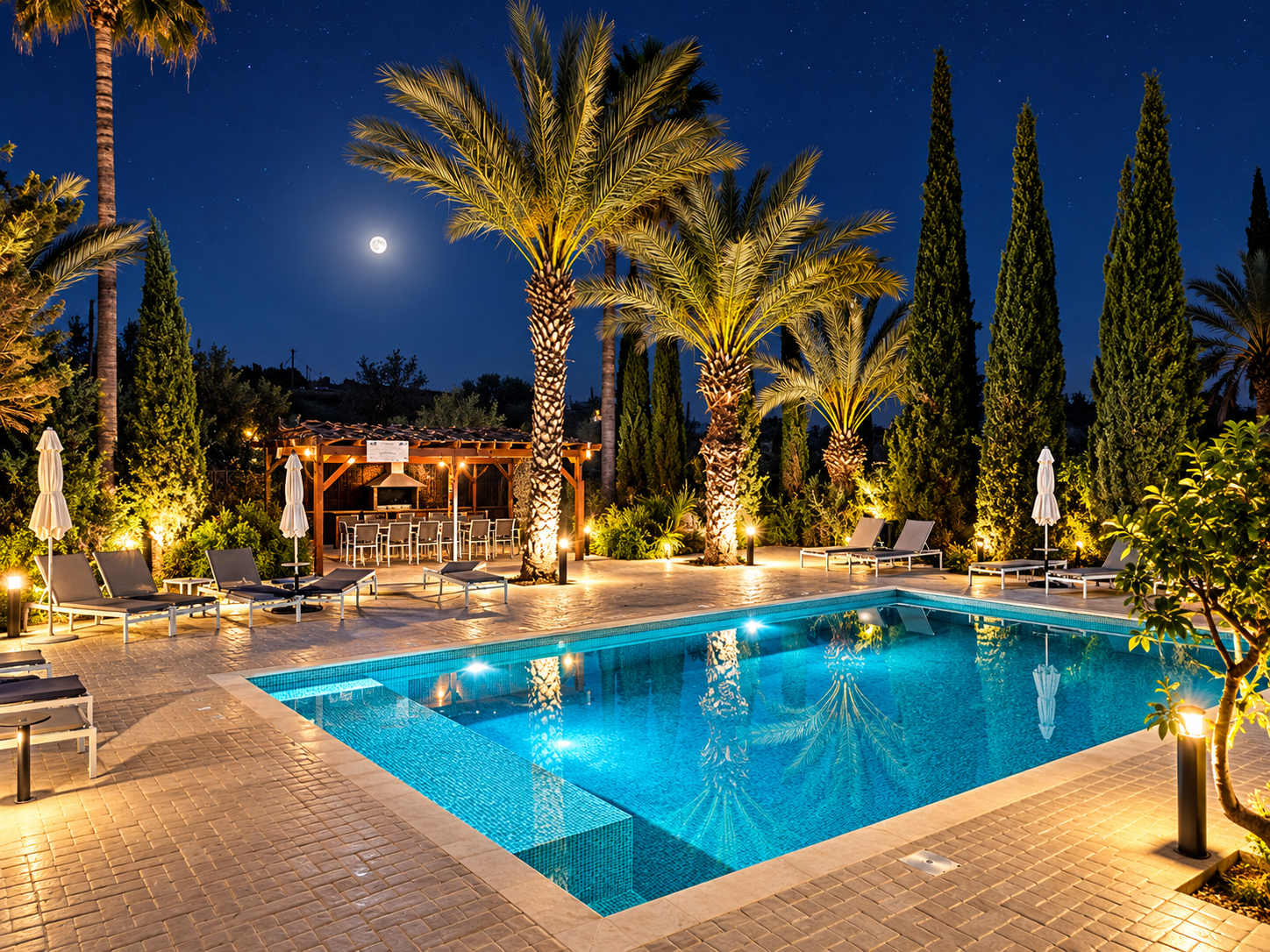 A lit swimming pool and paved terrace beneath palm trees at night