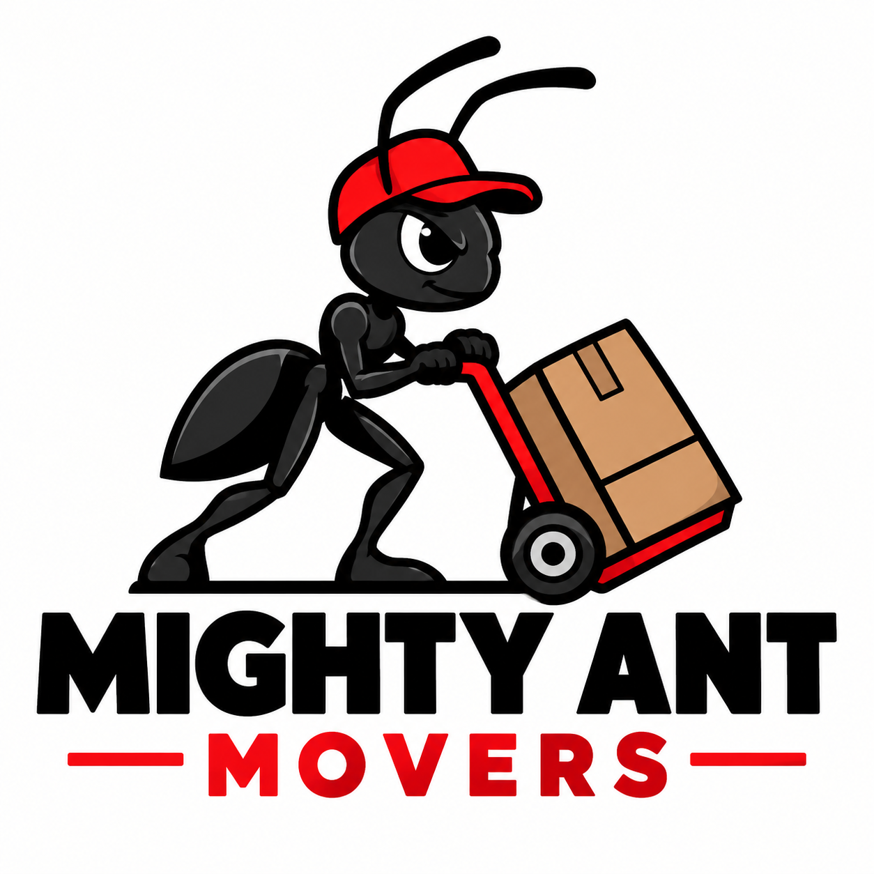 Mighty Ant Movers mascot logo with an ant in a red cap pushing a dolly and the Mighty Ant Movers lettering.