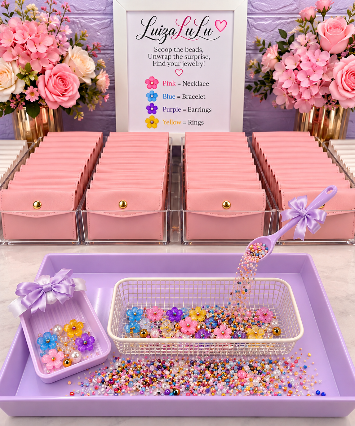 A colorful bead-scoop display with jewelry organized by bead color