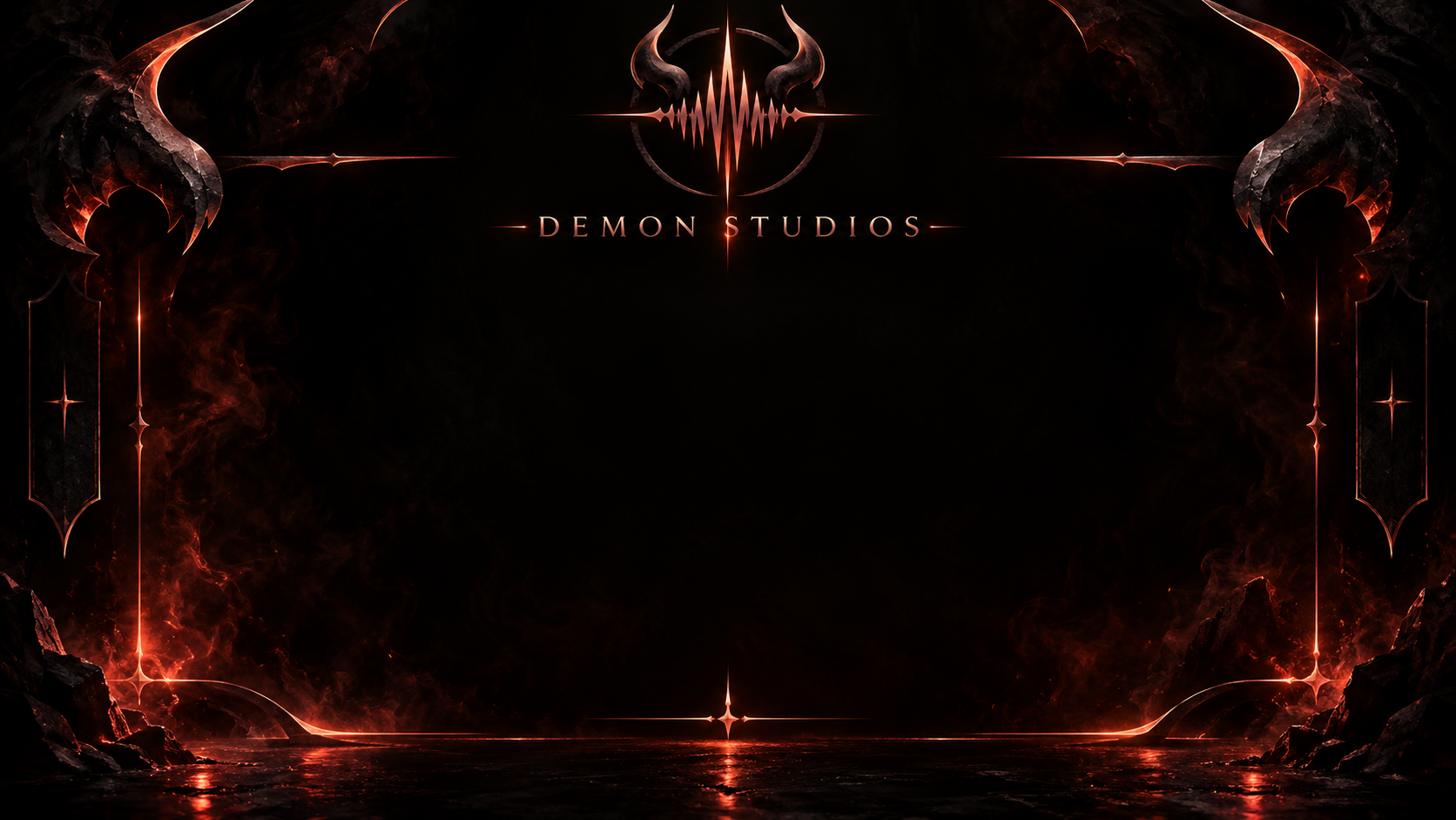 Demon Studios background artwork with a central wordmark and ember-lit frame around a dark center.