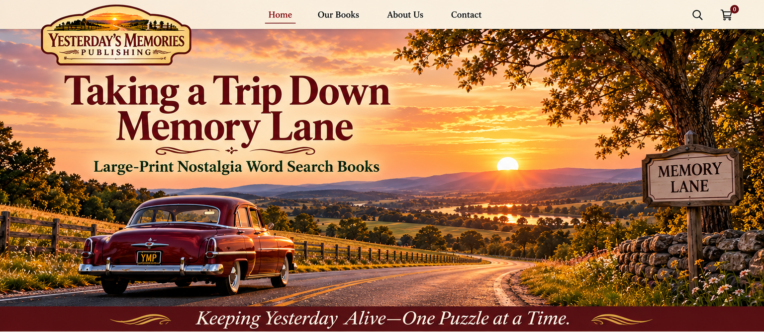 A golden sunset over the countryside, with a burgundy vintage car on a winding road and a Memory Lane sign.