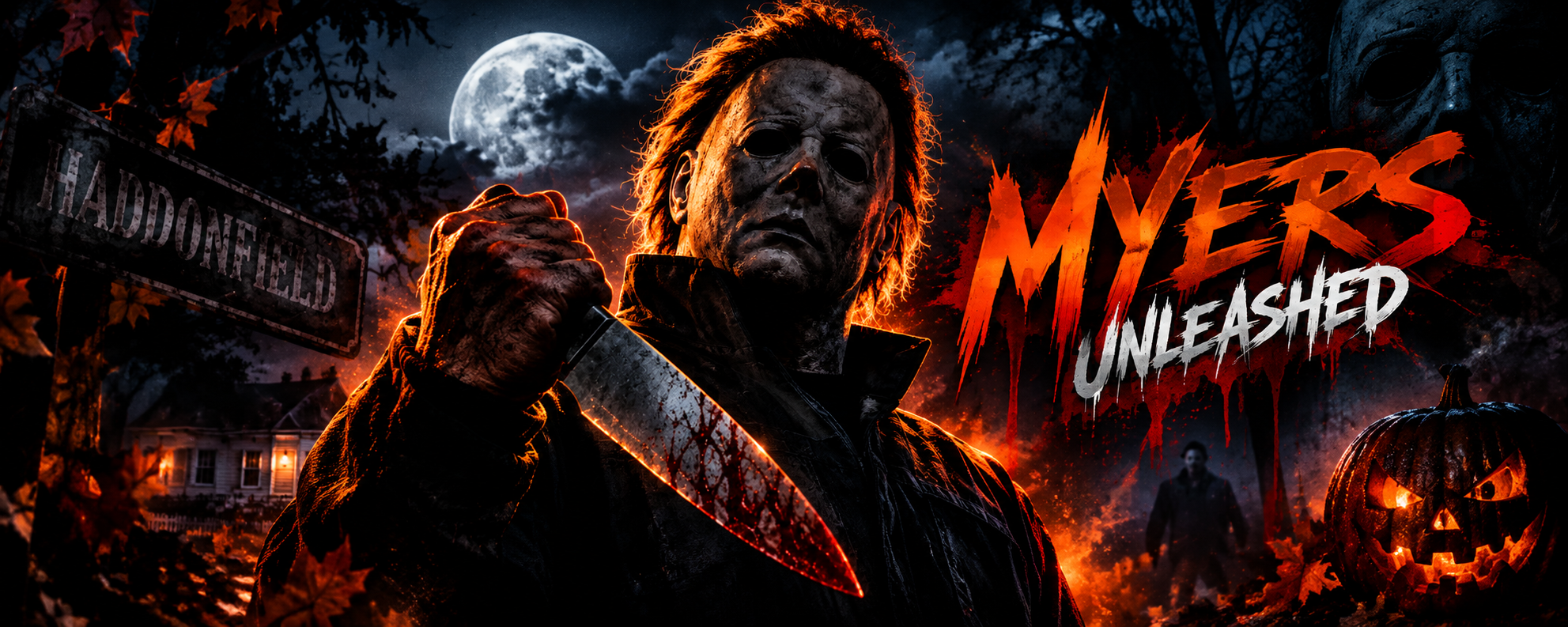 Michael Myers in a moonlit Haddonfield scene beside the words Myers Unleashed.