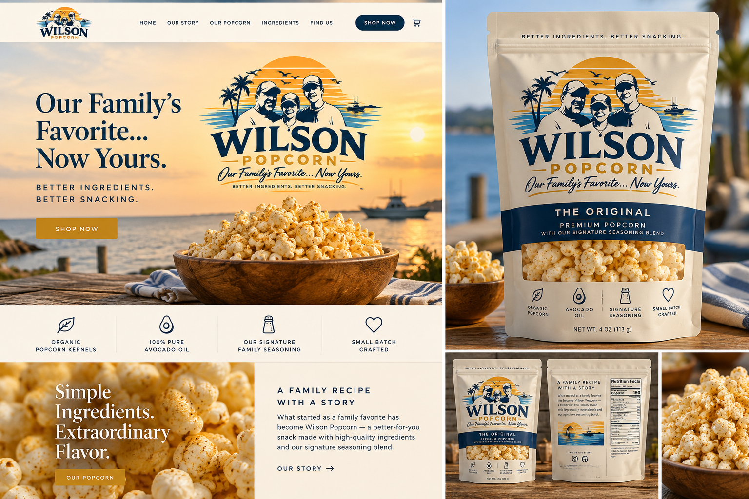 Wilson Popcorn coastal brand showcase with the family emblem, Original popcorn packaging, and seaside brand scenes