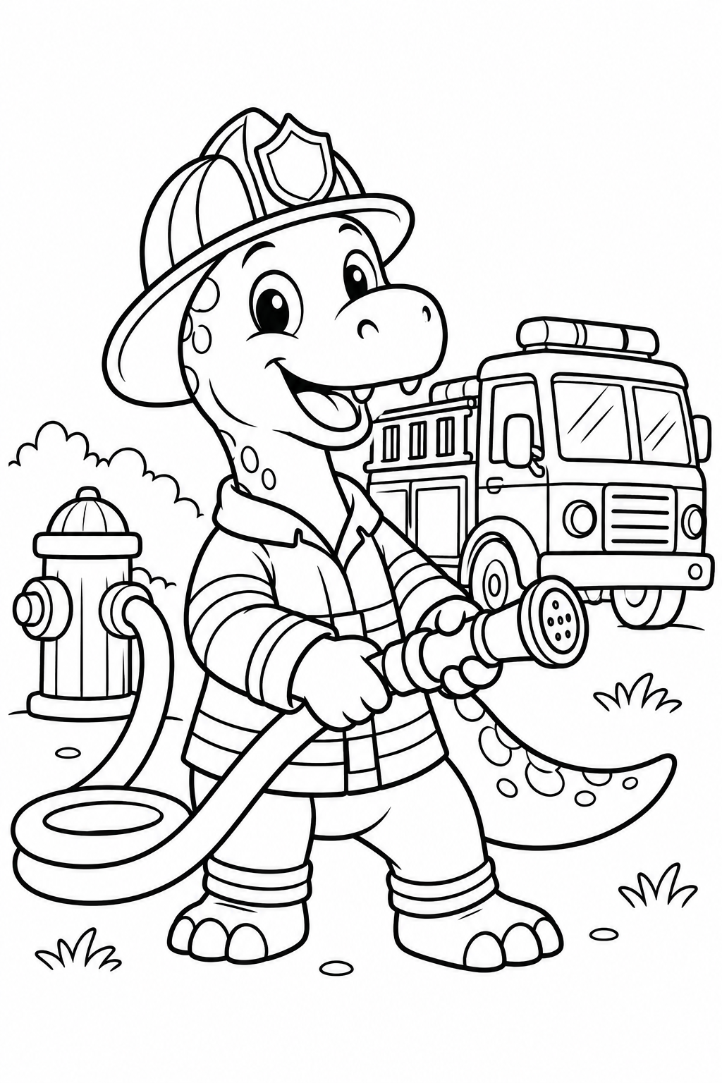 Een dinosaurus in brandweerhelm houdt een brandslang vast met een brandweerwagen achter zich.