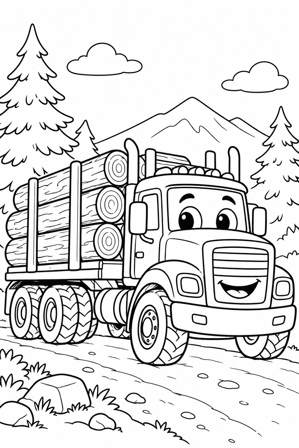 Vrachtwagen op een bosweg met bergen en dennenbomen.