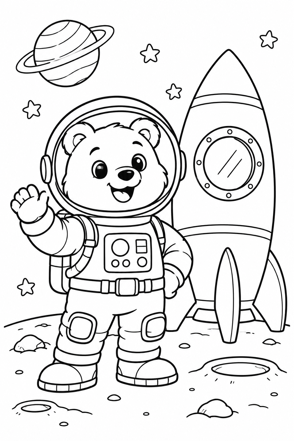 Beer in astronautenpak naast een raket en planeet.