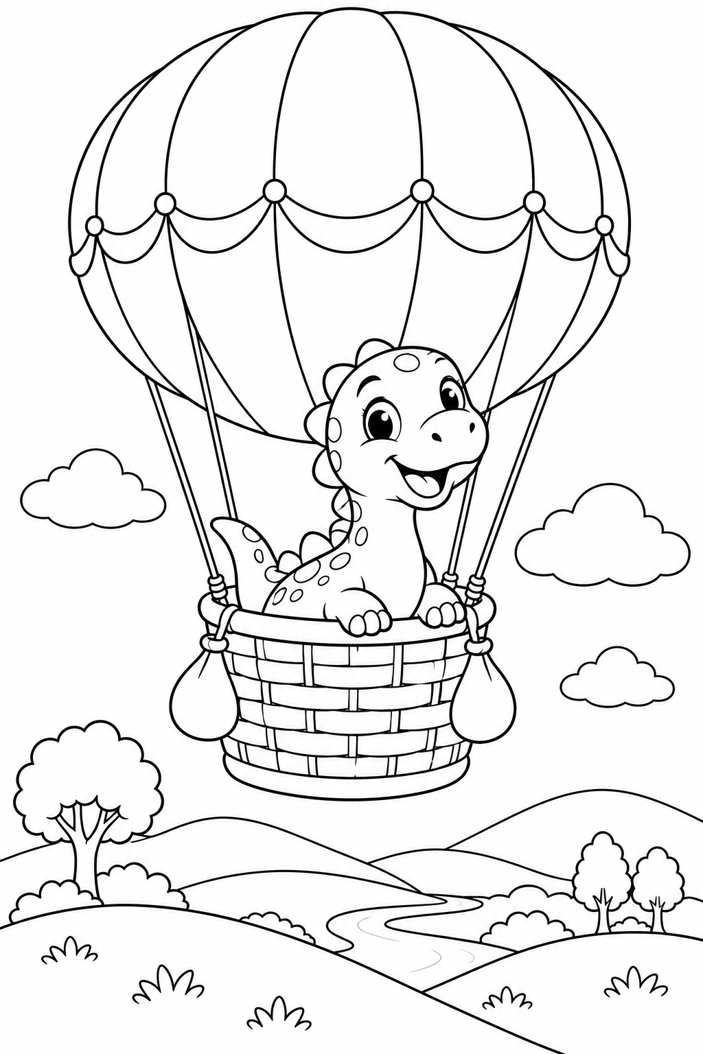 Een kleine dinosaurus vaart in een luchtballon over een landschap.