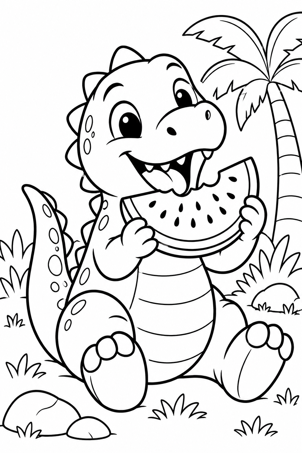 Dinosaurus met een stuk watermeloen tussen tropische bladeren.