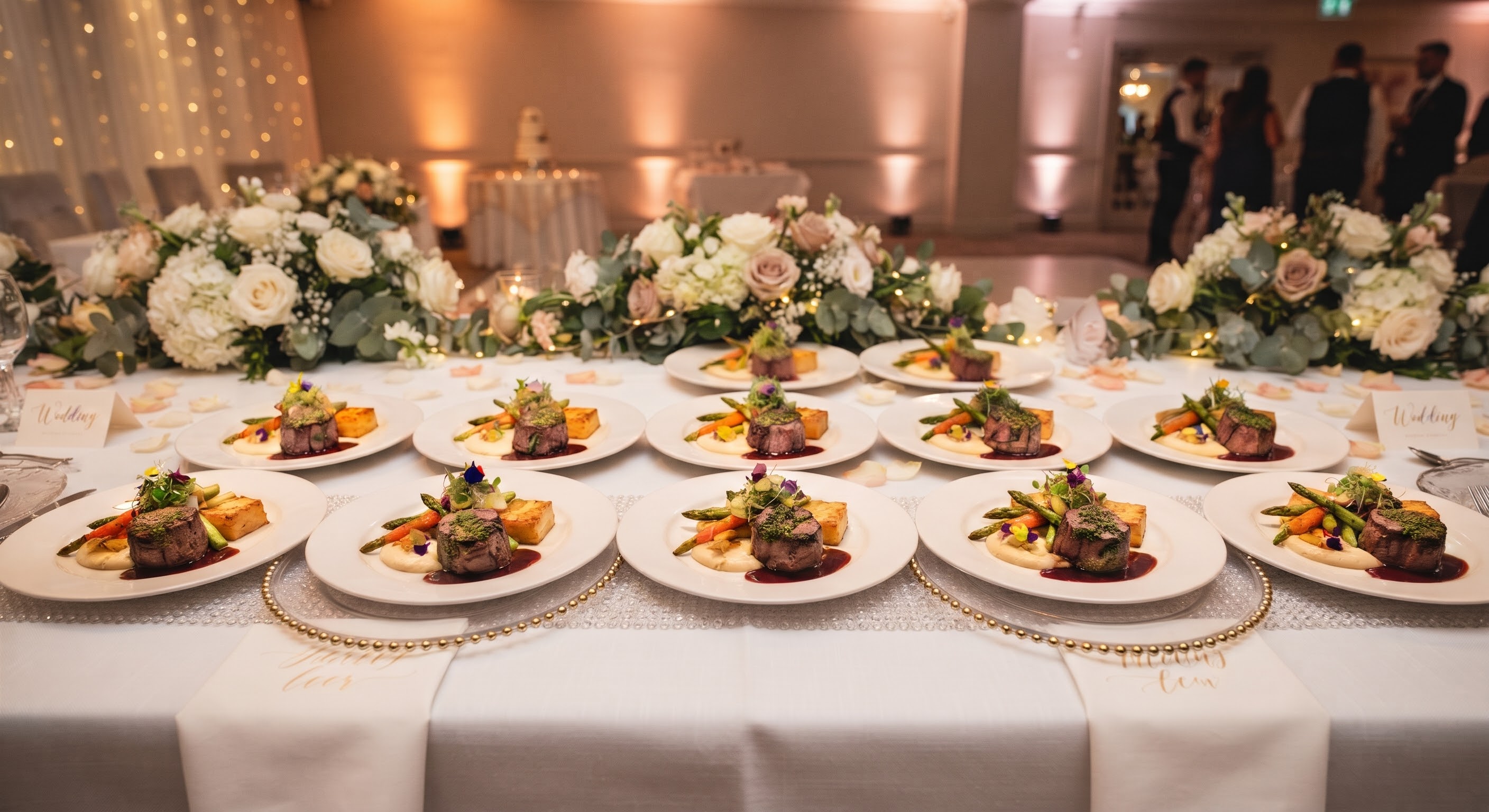 Plated entrées arranged across a decorated celebration table.
