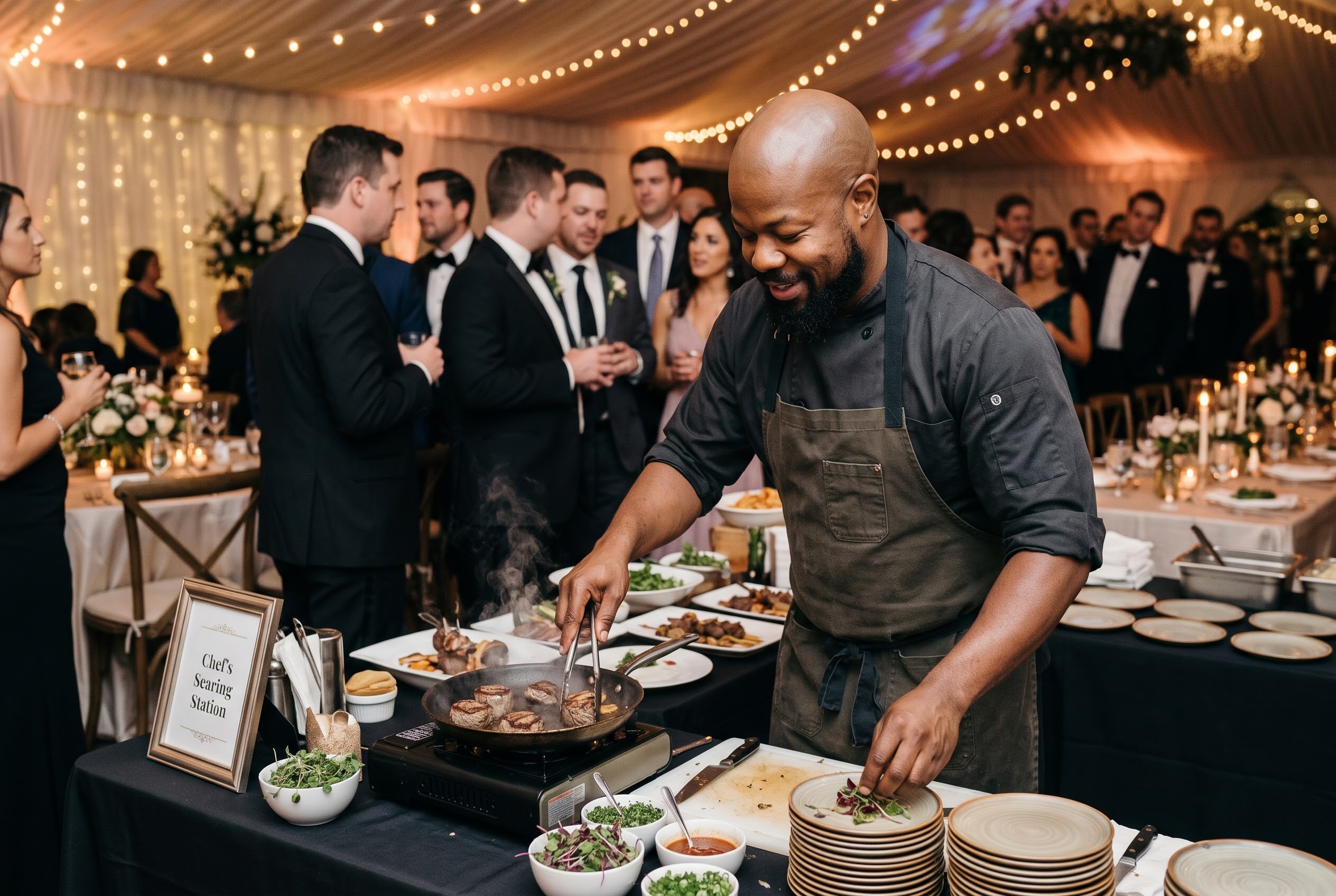 A chef plates food at a formal catered event.