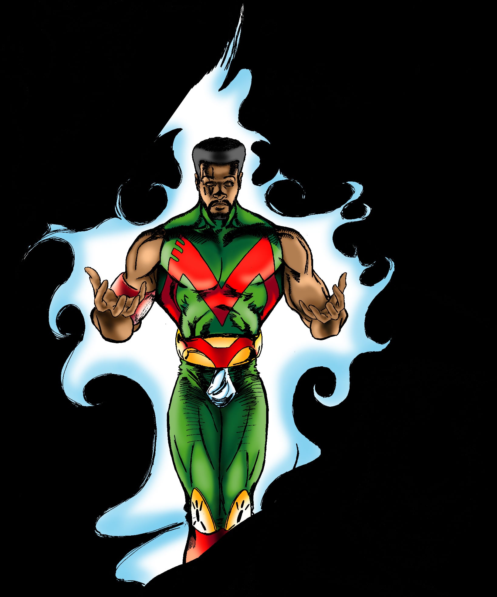 Million Man in a green, red, and gold superhero suit surrounded by blue-white energy
