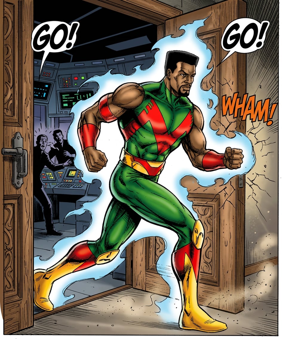 Million Man running through a doorway in a comic-panel illustration