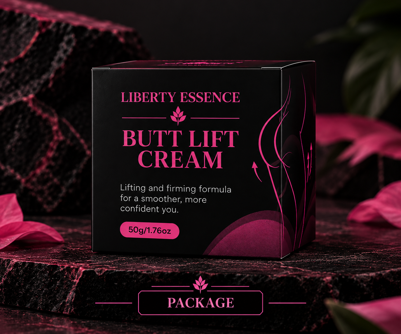 Front view of the Liberty Essence cream carton with black packaging and pink lettering.
