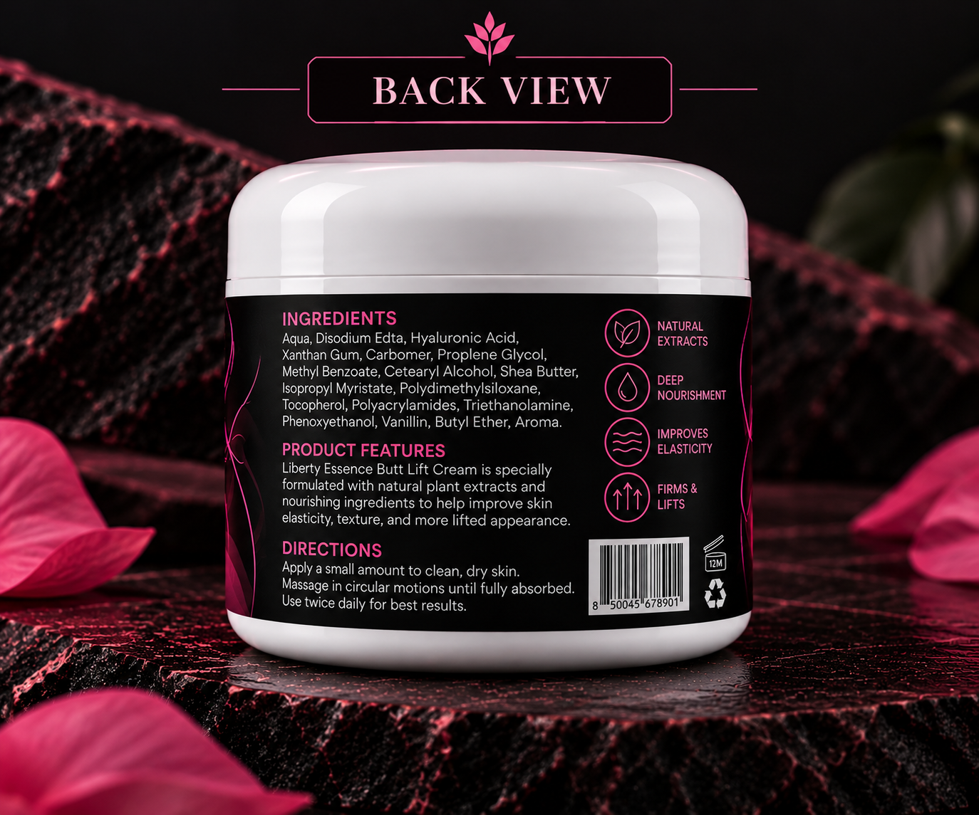 Back view of the Liberty Essence cream jar showing its label and barcode.
