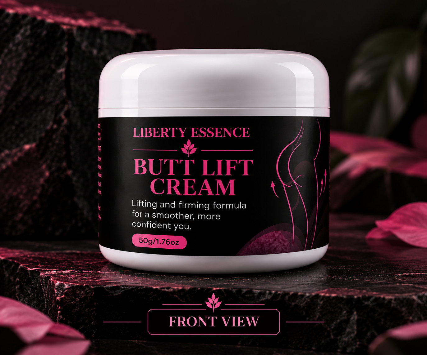 Front view of the Liberty Essence cream jar with a black label and pink lettering.