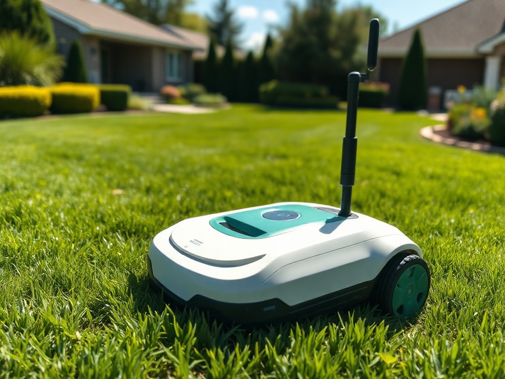 Sunseeker mid-range RTK robotic lawn mower cutting a sunny residential lawn