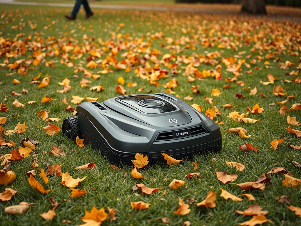 Autonomous robotic mower cutting through autumn fallen leaves in a public park