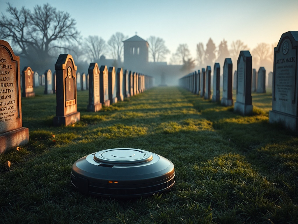 Commercial autonomous robotic mower between rows of grave markers in a public cemetery at dawn