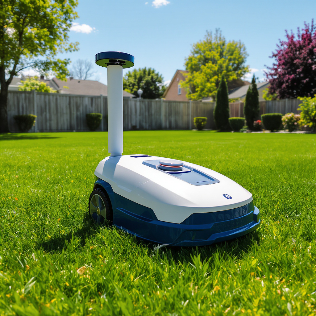 Dreame premium LiDAR + RTK robotic lawn mower cutting a sunny suburban lawn