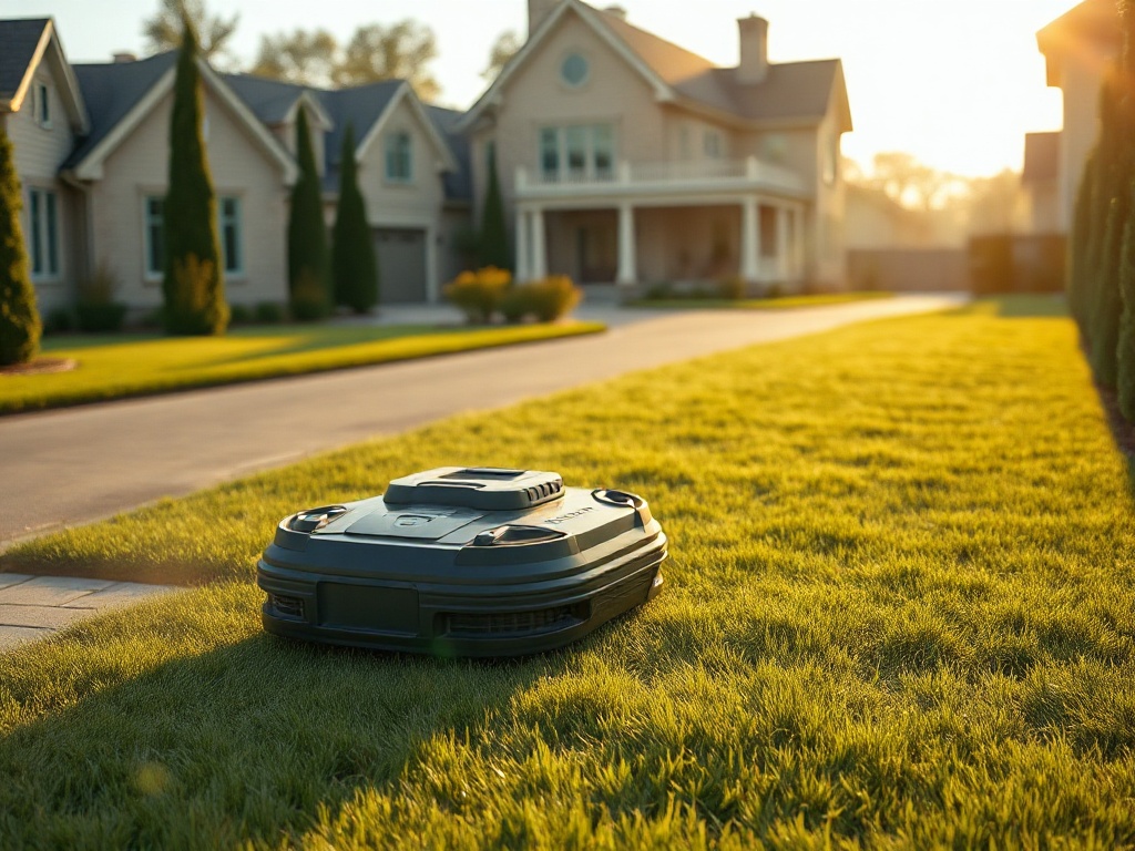 Robotic mower trimming along the edge of a long private estate driveway in soft dawn light