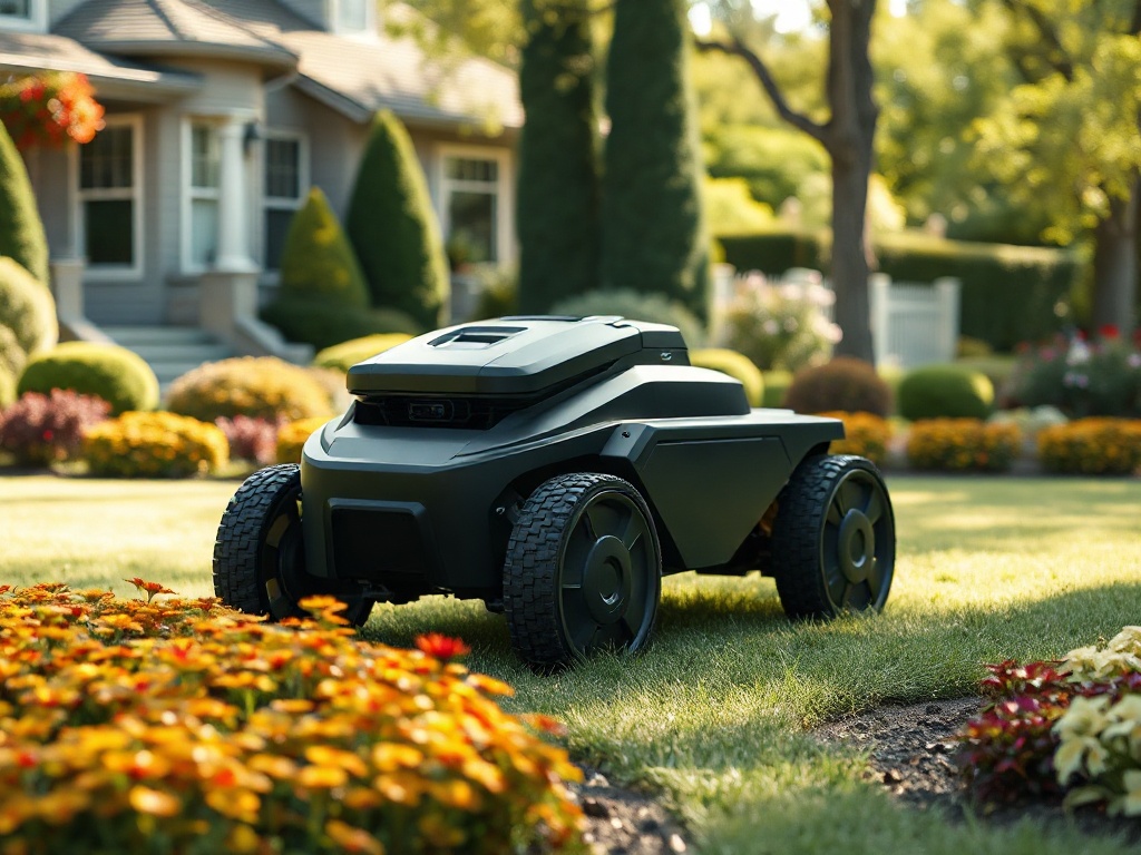 Robotic mower navigating around low ornamental garden beds on a residential estate