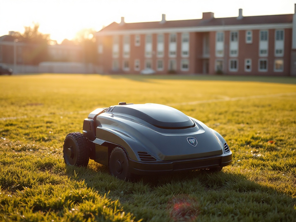 Autonomous robotic mower cutting a school grounds field in the early morning before students arrive