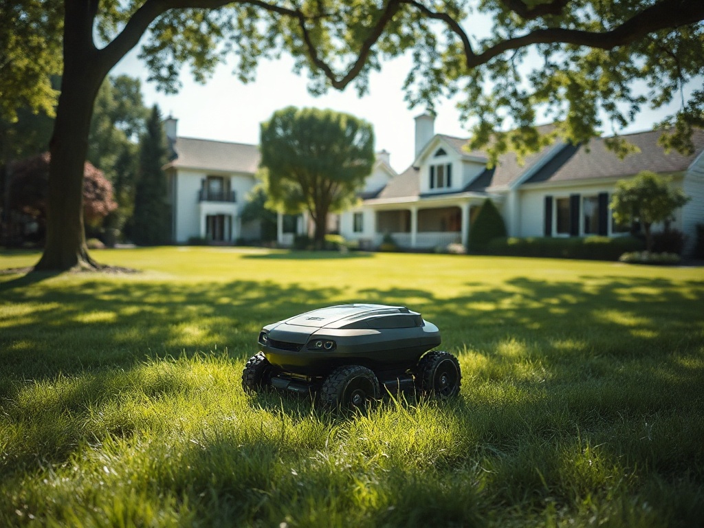 Robotic mower operating under partial tree-canopy shade on a multi-acre residential estate